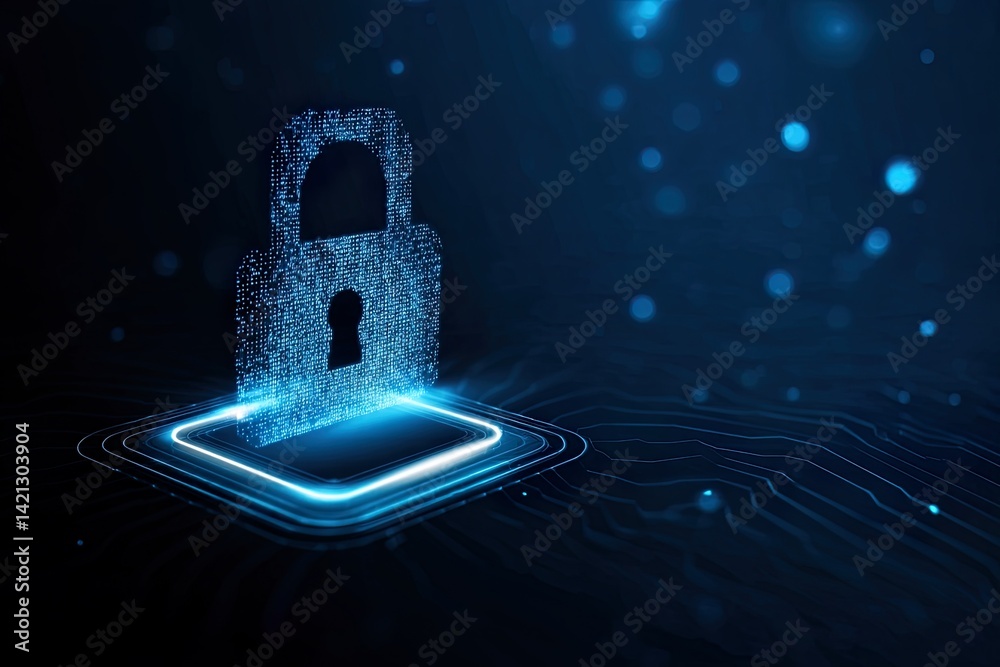 Wall mural digital padlock glowing over circuit board with blue bokeh on transparent background