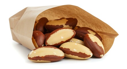 Brazil nuts without shells with paper bag macro isolated on white background. Brazilian food