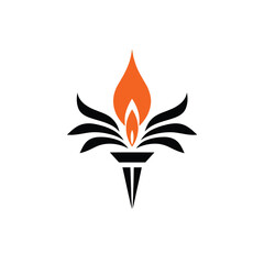 Minimalistic black flame torch logo design, vector style, using geometric shapes and clean lines for symmetry and visual clarity. Centered on a white background