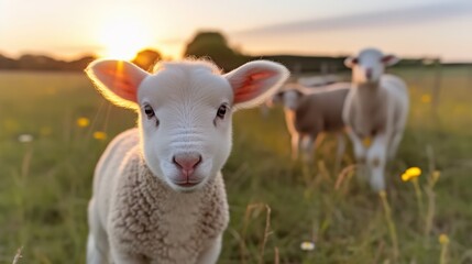 Obraz premium Lambs grazing in picturesque meadow at sunrise with vibrant colors