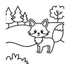 Cute fox cub in a forest scene line art simple vector illustration