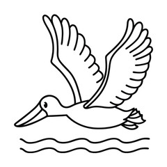 Minimalist outlined illustration of a pelican flying over water ocean waves on a white background
