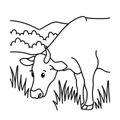 Cow grazing in a field black and white outline illustration with mountain backdrop vector