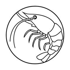 Black and white shrimp illustration in a circle line art seafood graphic design