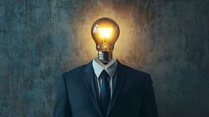 Bright idea businessman concept glowing light bulb head creative innovation solution power wisdom