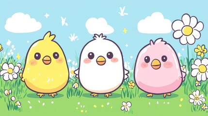 Obraz premium Three colorful chicks stand in a meadow among flowers