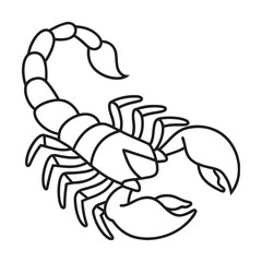 Simple outline illustration of a scorpion with large claws and segmented tail design