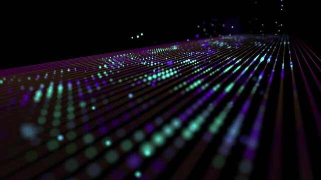 Dots big data in row way flow quantum computing. Futuristic digital data stream in dark. Technology transmission information in grid cyberspace.