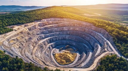 Aerial view open pit mine excavation earth layers