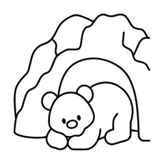 Cute cartoon bear in cave black and white outline style for coloring book and educational resources