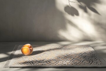 A ripe peach rests on a textured beige rug with geometric patterns, bathed in sunlight.