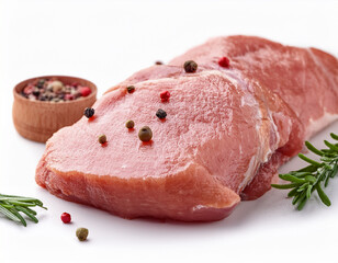 Fototapeta premium Fresh raw meat seasoned with herbs and peppercorn isolated on white. Fresh farm food.