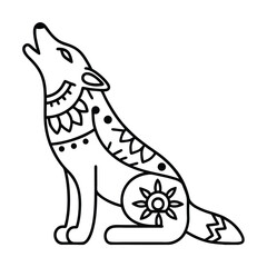 Howling wolf with decorative aztec patterns line art vector illustration wildlife symbol