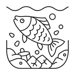 Minimalist line art of a fish swimming in a tank with rocks and bubbles
