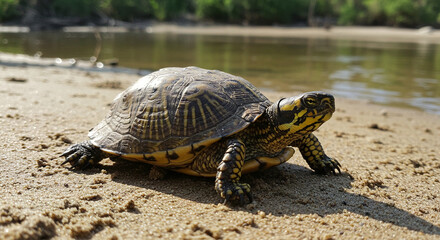 Fototapeta premium Turtle Walking on Sandy Beach Near Water Edge in Natural Habitat