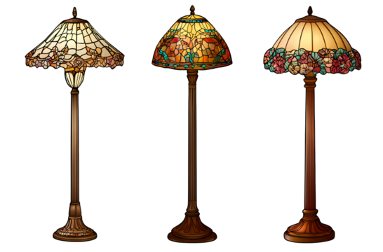  Set of three floor lamps with lampshades in different styles, including stained glass and floral patterns, isolated on a transparent background PNG