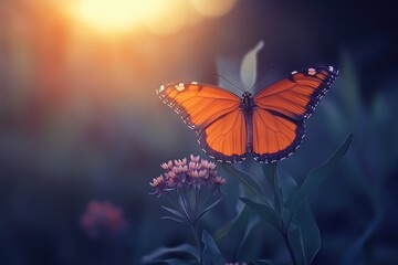 Obraz premium A vibrant orange butterfly rests gently on a cluster of delicate pink flowers at sunset.
