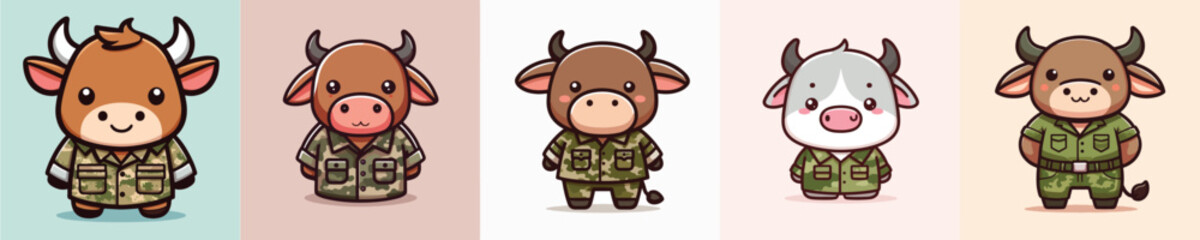 collection of funny bull images dressed as soldiers vector