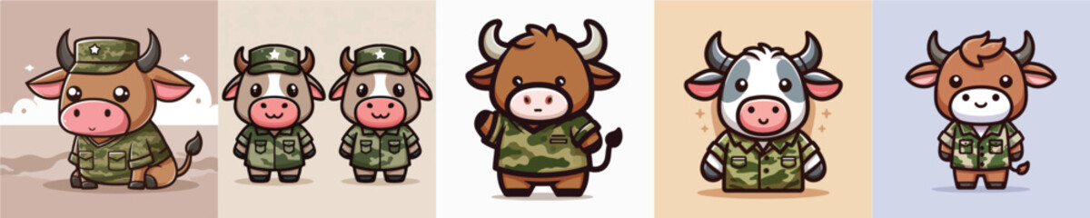 collection of funny bull images dressed as soldiers vector