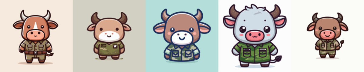 collection of funny bull images dressed as soldiers vector