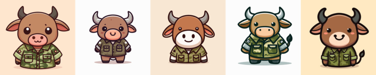 collection of funny bull images dressed as soldiers vector