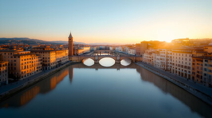 Obraz premium Scenic Panoramic View of a City at Sunset with a Bridge and River Reflection