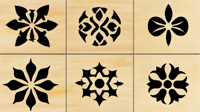 Six intricate black stencil designs on light wooden square tiles...