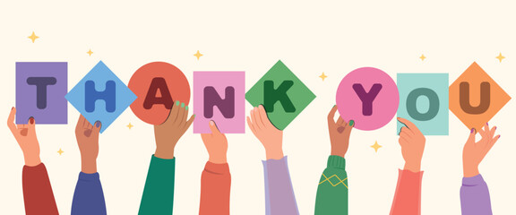 Raised arms and hands holding letters of Thank you world for gratitude. Sign of Grateful people. Grateful thankful concept.