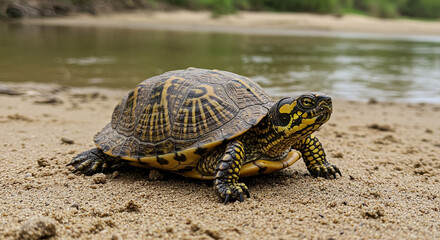 Fototapeta premium Turtle Walking on Sandy Beach Near Water