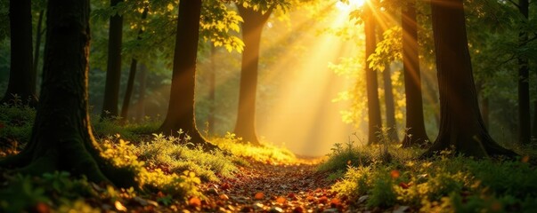 Golden sunlight dappling forest floor, leaves glowing , peaceful, wonder, nature