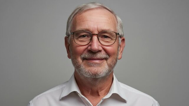 Elderly man smiling confidently against a neutral background  