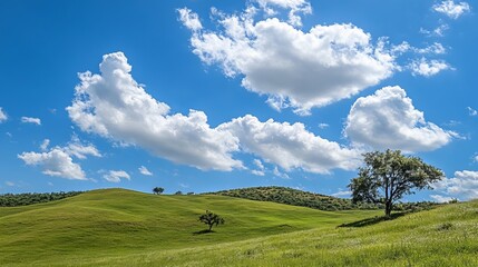 Obraz premium A picturesque view of rolling green hills dotted with trees under a bright blue sky filled with clouds