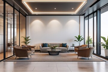 Fototapeta premium Contemporary Office Interior Design Featuring a Cozy Lobby and Minimalist White Wall
