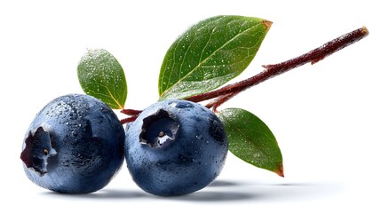 Blueberry isolated png. Blueberry with leaves on white or transparent background. Perfect retouched three blueberries