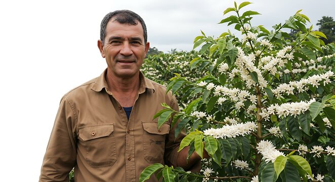 Portraid of middle aged farmer with the blossom coffe plantation background in Brazil white background. Brazilian food