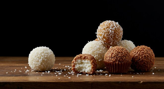 Cocada Coconut candy from Brazil white and brown cocadas on wooden surface black background selective focus Brazilian food white food background. Brazilian food