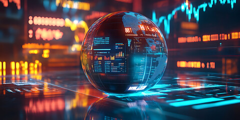 Sphere displaying data charts in a futuristic setting