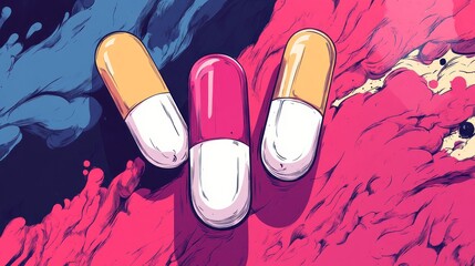 Three capsules rendered in artistic style on colorful background