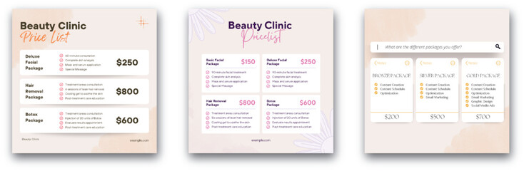 Beauty Clinic Price List and Social Media Package Comparison Template