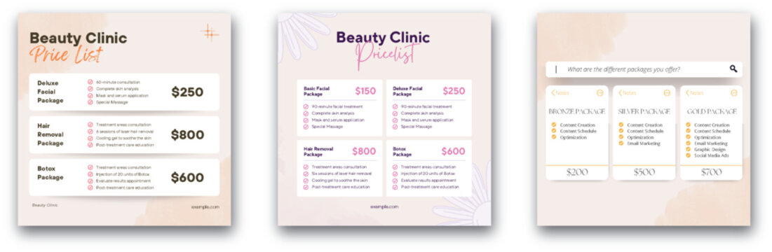 Beauty Clinic Price List and Social Media Package Comparison Template - Powered by Adobe