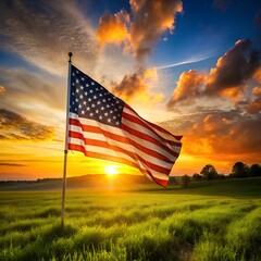 Obraz premium american flag on the sunset