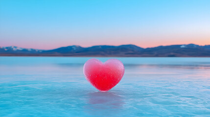 Fototapeta premium Pink Heart Shaped Ice on Frozen Lake at Sunset