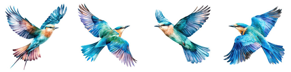 A flock of vibrant colorful birds in flight