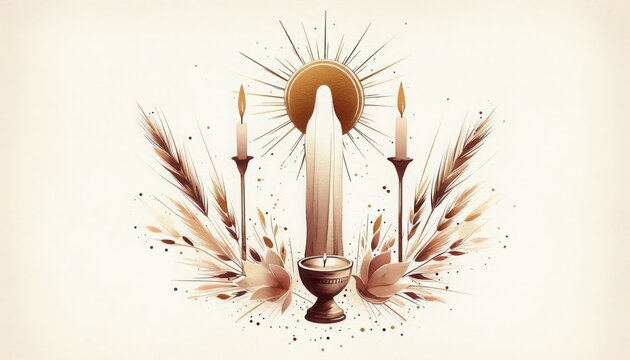 First communion elements illustration with candles and wheat ears religious art design