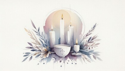 Watercolor baptism invitation template with candles and floral elements design vector