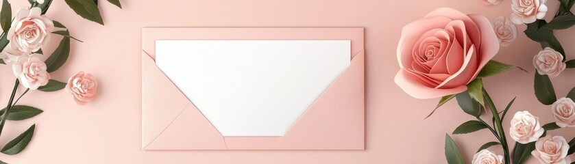 A pastel pink background features a decorative envelope surrounded by soft pink roses and delicate flowers, creating an elegant and romantic ambiance, Kentucky Oaks Day