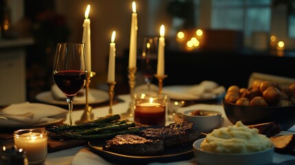Obraz premium Romantic Candlelit Dinner: Gourmet Steak, Asparagus, and Mashed Potatoes