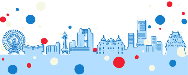 Fototapeta premium ポップでかわいい日本の街並みのイラスト、大阪（線画）