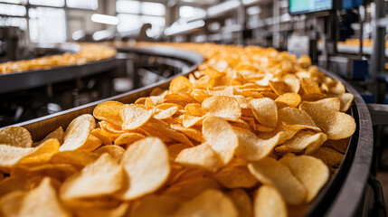 Crispy potato chips on conveyor belt in modern snack production facility, showcasing manufacturing process and vibrant colors