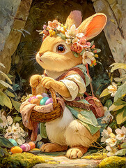 Easter Bunny.  Generated image.   A cute bunny adorned with a floral crown stands among blooming flowers, holding a basket of colorful Easter eggs. 